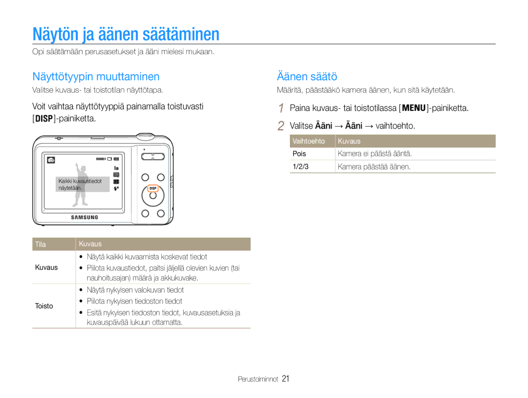 Samsung EC-ES9ZZZBABE2, EC-ES9ZZZBAPE2, EC-ES9ZZZBASE2 Näytön ja äänen säätäminen, Näyttötyypin muuttaminen, Äänen säätö 