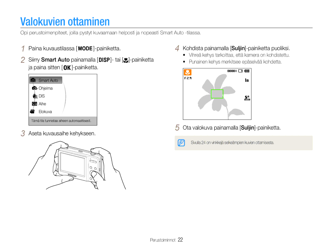 Samsung EC-ES9ZZZBARE2 manual Valokuvien ottaminen, Ja paina sitten Painiketta, Ota valokuva painamalla Suljin-painiketta 