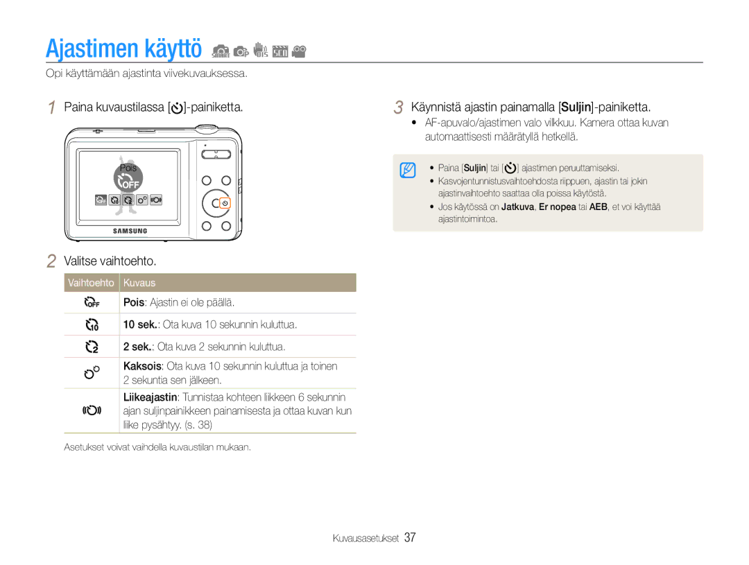 Samsung EC-ES9ZZZBABE2 Ajastimen käyttö, Paina kuvaustilassa -painiketta, Käynnistä ajastin painamalla Suljin-painiketta 