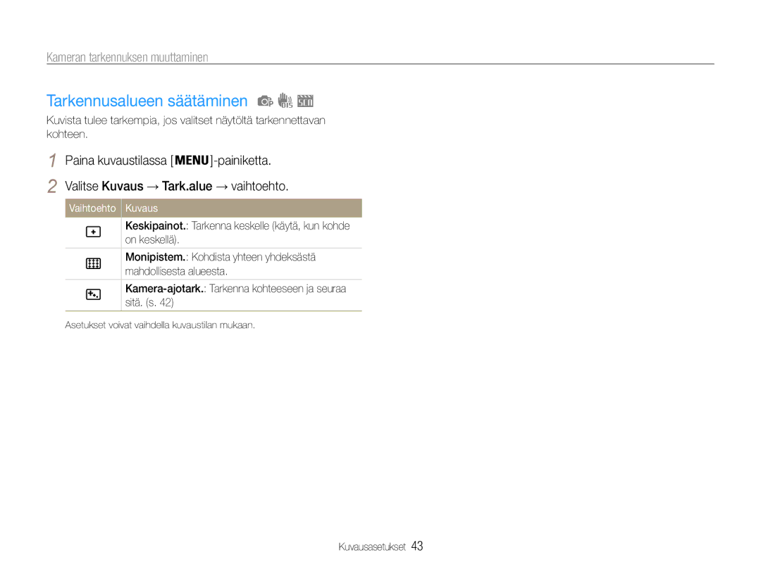 Samsung EC-ES9ZZZBAPE2, EC-ES9ZZZBASE2, EC-ES9ZZZBABE2 Tarkennusalueen säätäminen, Valitse Kuvaus → Tark.alue → vaihtoehto 