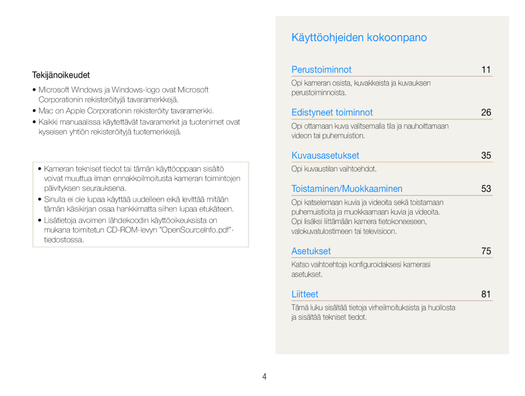 Samsung EC-ES9ZZZBASE2, EC-ES9ZZZBAPE2, EC-ES9ZZZBABE2, EC-ES9ZZZBARE2 manual Käyttöohjeiden kokoonpano, Tekijänoikeudet 