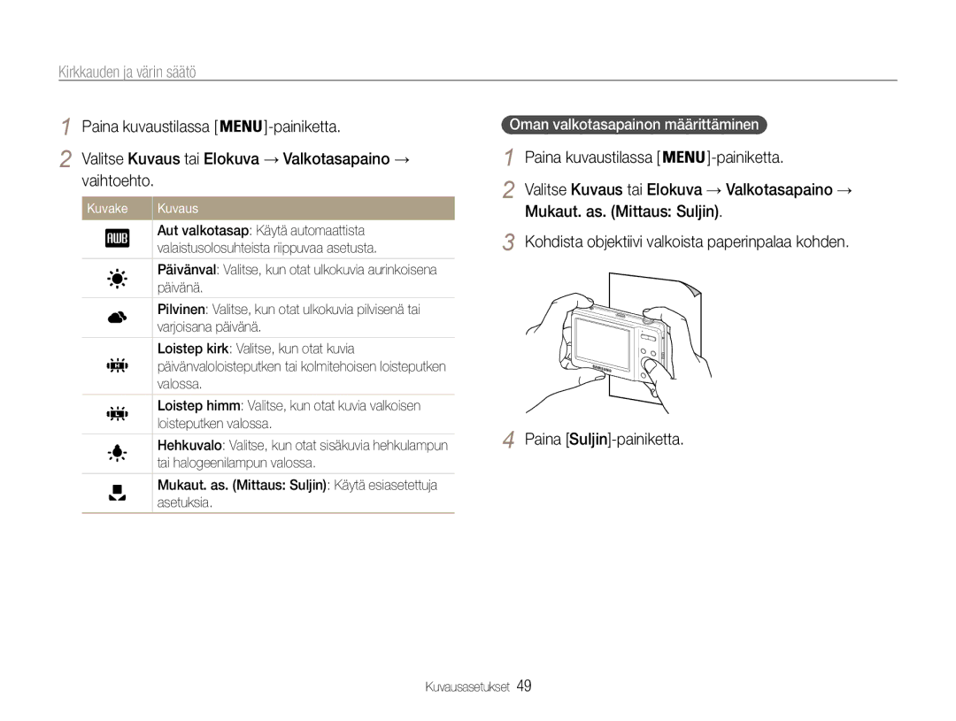 Samsung EC-ES9ZZZBABE2, EC-ES9ZZZBAPE2 manual Mukaut. as. Mittaus Suljin, Oman valkotasapainon määrittäminen, Vaihtoehto 