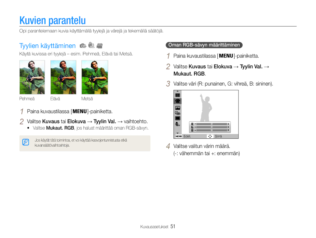 Samsung EC-ES9ZZZBAPE2 Kuvien parantelu, Tyylien käyttäminen, Mukaut. RGB Valitse väri R punainen, G vihreä, B sininen 