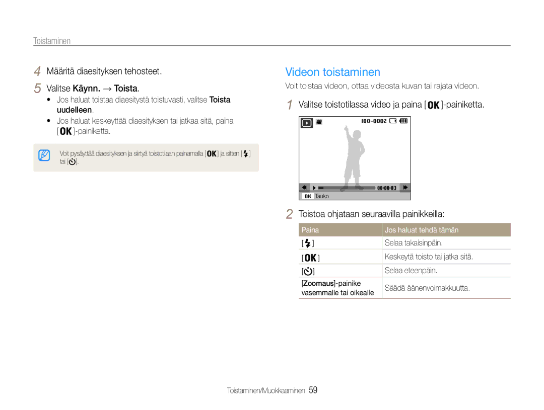 Samsung EC-ES9ZZZBAPE2, EC-ES9ZZZBASE2 manual Videon toistaminen, Määritä diaesityksen tehosteet Valitse Käynn. → Toista 