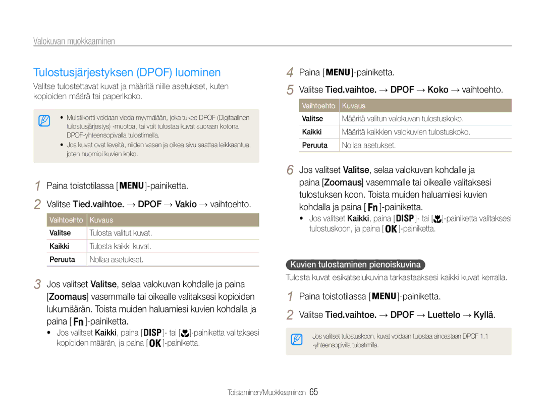 Samsung EC-ES9ZZZBABE2, EC-ES9ZZZBAPE2 manual Tulostusjärjestyksen Dpof luominen, Kuvien tulostaminen pienoiskuvina 