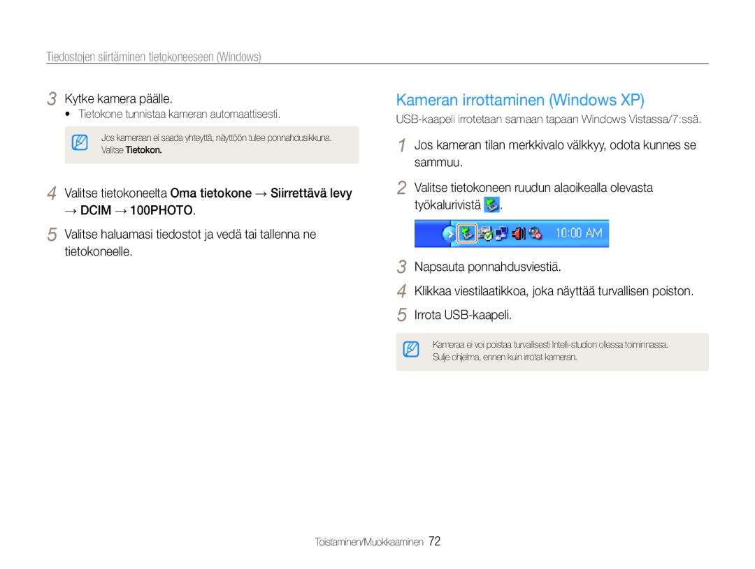 Samsung EC-ES9ZZZBASE2 manual Kameran irrottaminen Windows XP, USB-kaapeli irrotetaan samaan tapaan Windows Vistassa/7ssä 