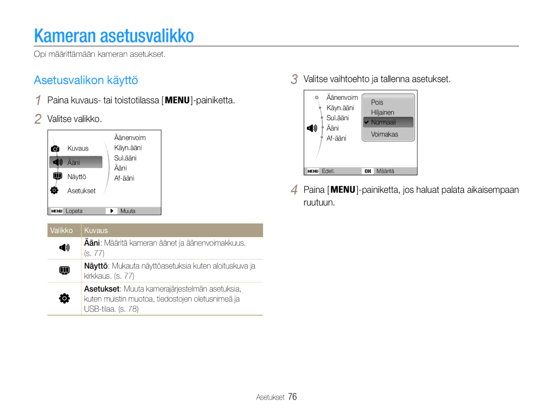 Samsung EC-ES9ZZZBASE2, EC-ES9ZZZBAPE2, EC-ES9ZZZBABE2, EC-ES9ZZZBARE2 manual Kameran asetusvalikko, Asetusvalikon käyttö 