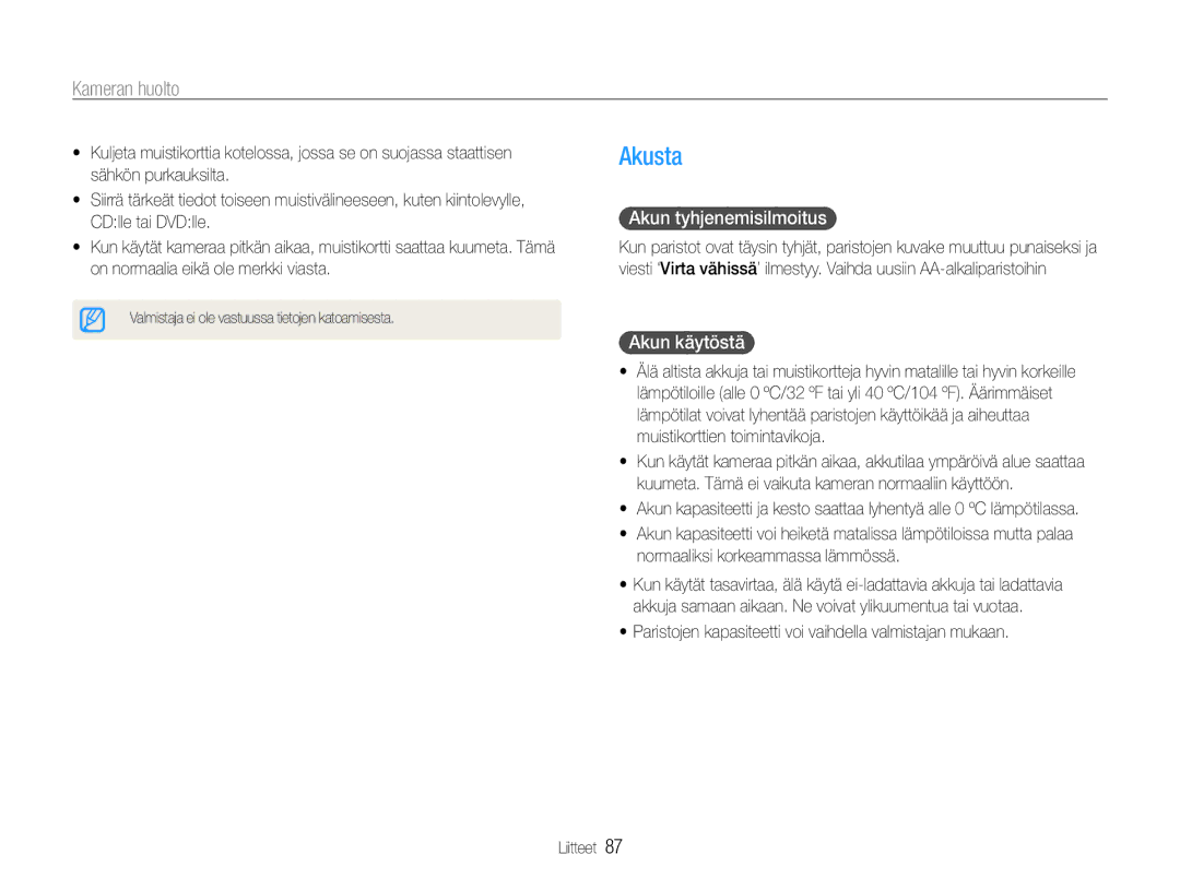 Samsung EC-ES9ZZZBAPE2, EC-ES9ZZZBASE2, EC-ES9ZZZBABE2, EC-ES9ZZZBARE2 manual Akusta, Akun tyhjenemisilmoitus, Akun käytöstä 