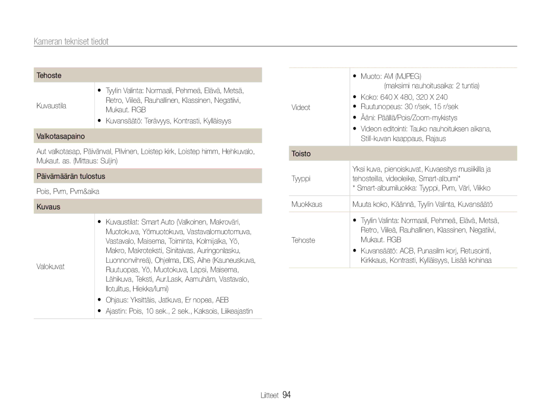 Samsung EC-ES9ZZZBARE2, EC-ES9ZZZBAPE2, EC-ES9ZZZBASE2, EC-ES9ZZZBABE2 manual Kameran tekniset tiedot 