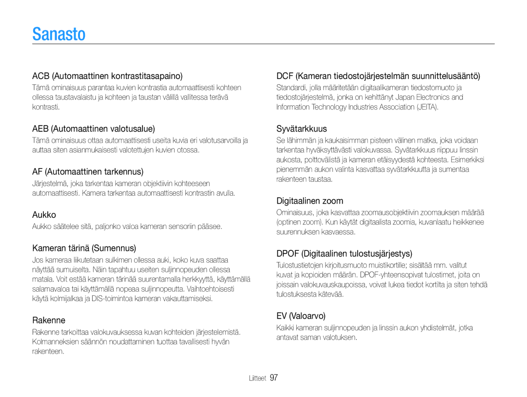 Samsung EC-ES9ZZZBABE2, EC-ES9ZZZBAPE2, EC-ES9ZZZBASE2, EC-ES9ZZZBARE2 manual Sanasto 