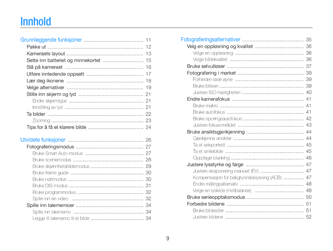Samsung EC-ES9ZZZBABE2, EC-ES9ZZZBAPE2, EC-ES9ZZZBASE2, EC-ES9ZZZBARE2 manual Innhold 