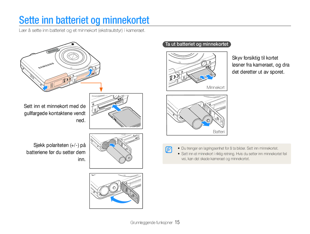 Samsung EC-ES9ZZZBAPE2 manual Sette inn batteriet og minnekortet, Sjekk polariteten +/- på batteriene før du setter dem inn 