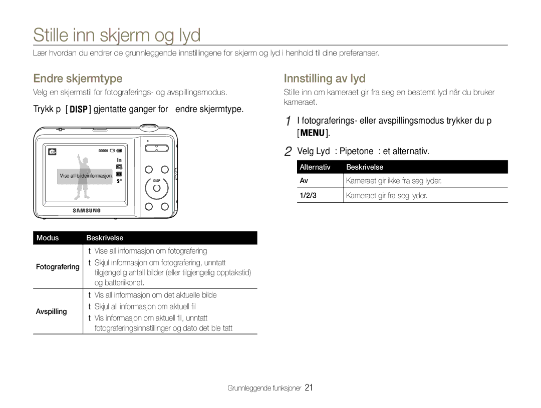 Samsung EC-ES9ZZZBABE2, EC-ES9ZZZBAPE2, EC-ES9ZZZBASE2 manual Stille inn skjerm og lyd, Endre skjermtype, Innstilling av lyd 