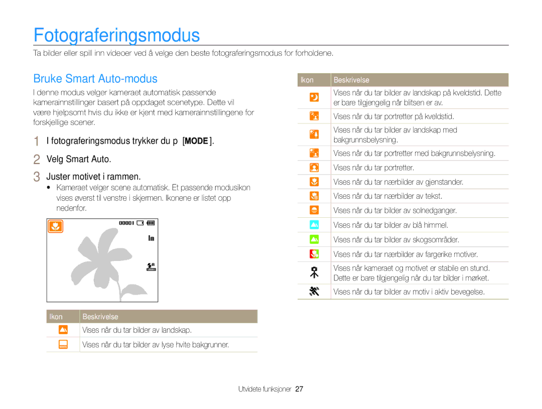 Samsung EC-ES9ZZZBAPE2 manual Fotograferingsmodus, Bruke Smart Auto-modus, Velg Smart Auto Juster motivet i rammen 