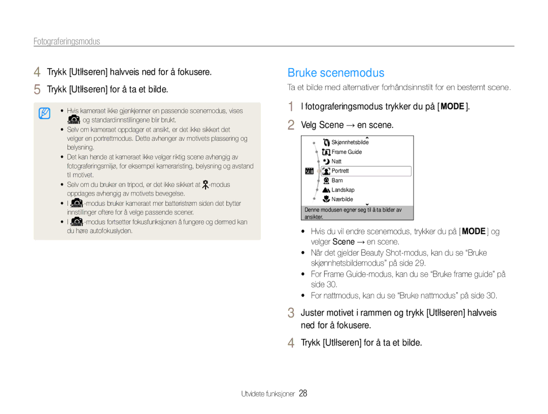 Samsung EC-ES9ZZZBASE2, EC-ES9ZZZBAPE2, EC-ES9ZZZBABE2 manual Bruke scenemodus, Fotograferingsmodus, Velg Scene → en scene 