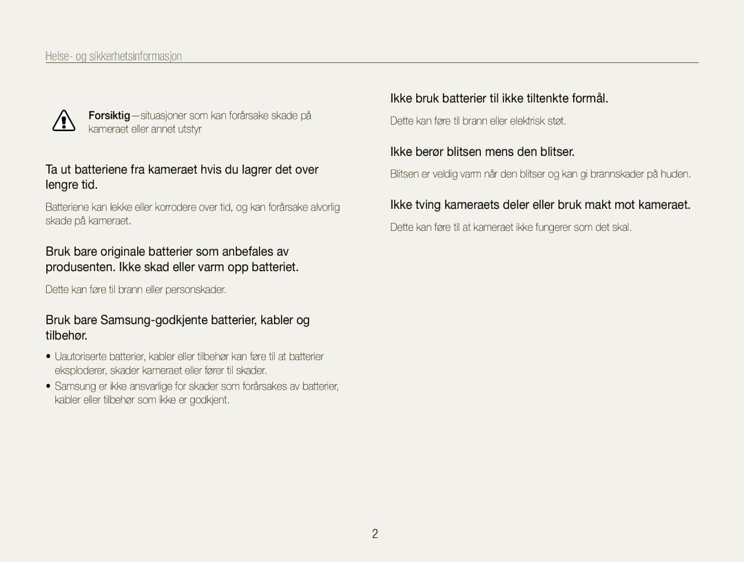 Samsung EC-ES9ZZZBARE2 manual Helse- og sikkerhetsinformasjon, Bruk bare Samsung-godkjente batterier, kabler og tilbehør 