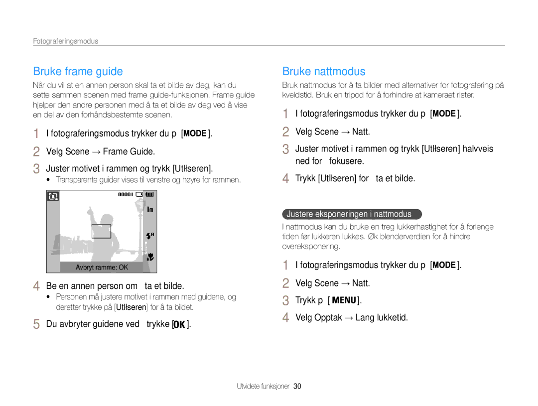 Samsung EC-ES9ZZZBARE2, EC-ES9ZZZBAPE2, EC-ES9ZZZBASE2, EC-ES9ZZZBABE2 manual Bruke frame guide, Bruke nattmodus 