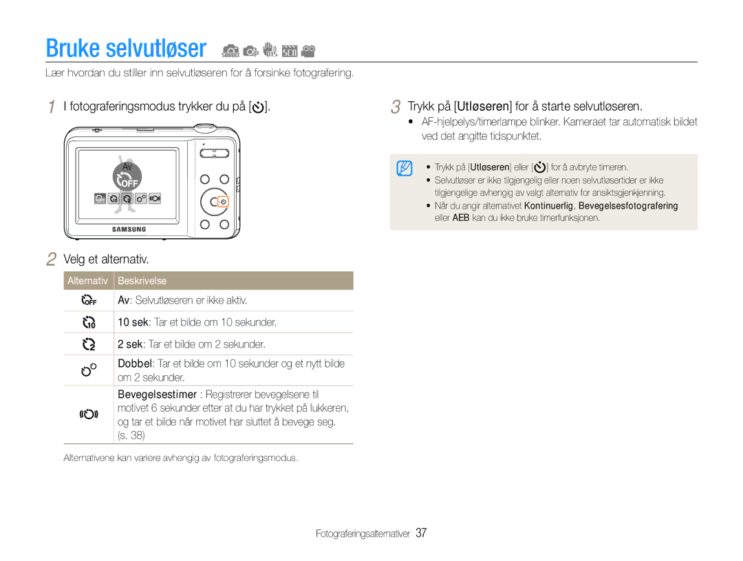 Samsung EC-ES9ZZZBABE2, EC-ES9ZZZBAPE2 manual Bruke selvutløser, Fotograferingsmodus trykker du på Velg et alternativ 