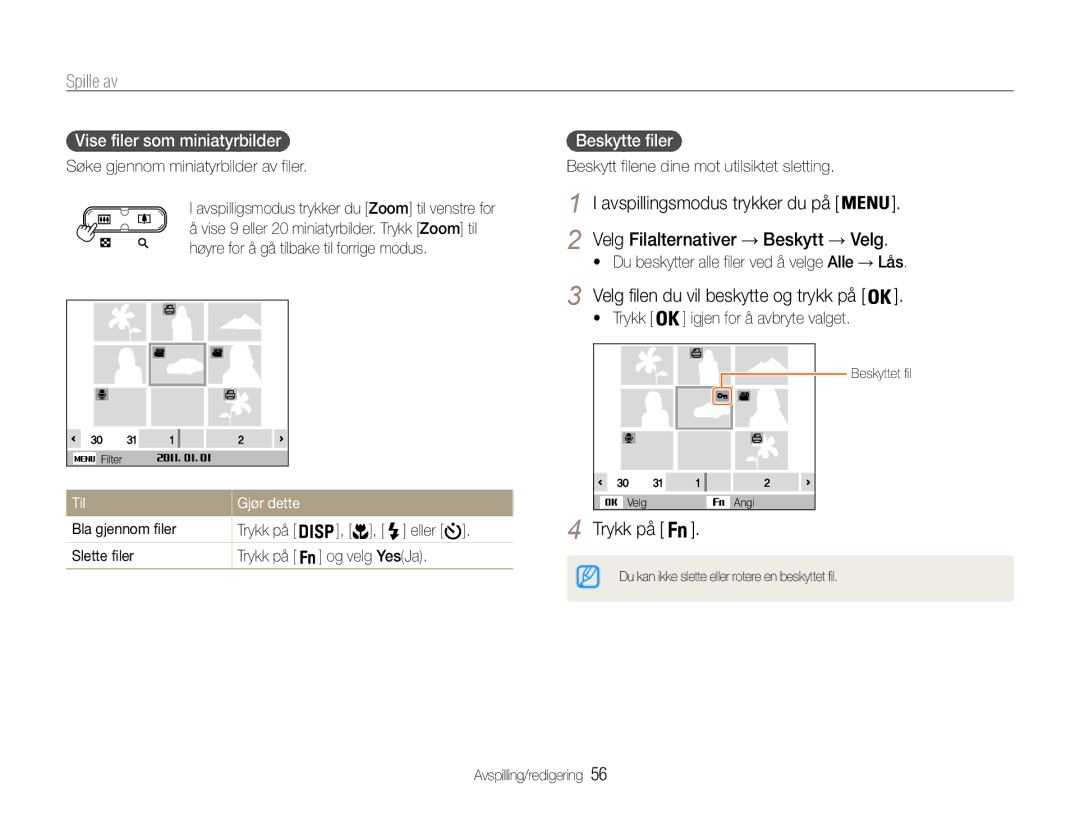 Samsung EC-ES9ZZZBASE2 manual Avspillingsmodus trykker du på, Vise filer som miniatyrbilder, Beskytte filer, Til Gjør dette 