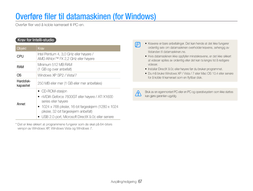 Samsung EC-ES9ZZZBAPE2, EC-ES9ZZZBASE2 Overføre filer til datamaskinen for Windows, Krav for Intelli-studio, Objekt Krav 