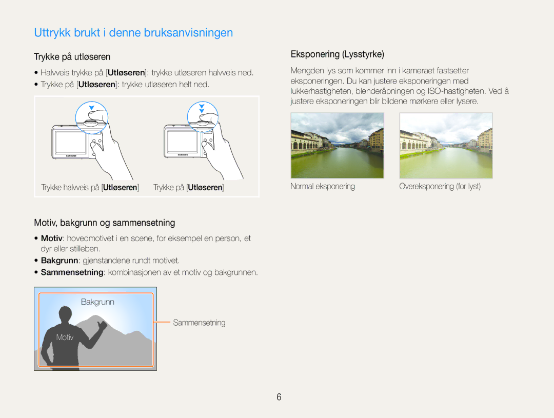 Samsung EC-ES9ZZZBARE2 manual Uttrykk brukt i denne bruksanvisningen, Trykke på utløseren, Motiv, bakgrunn og sammensetning 