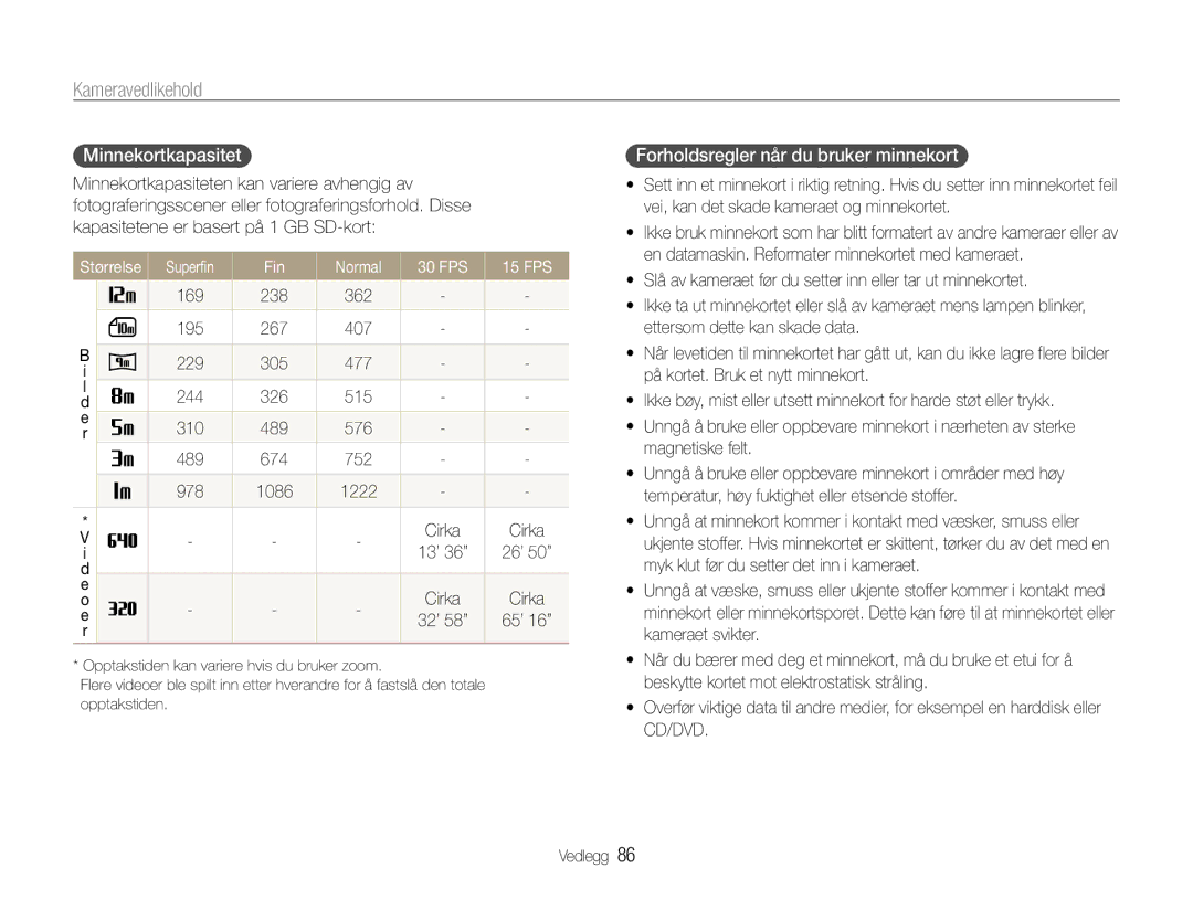 Samsung EC-ES9ZZZBARE2 Minnekortkapasitet, Forholdsregler når du bruker minnekort, Fin Normal 30 FPS 15 FPS, 169 238 362 