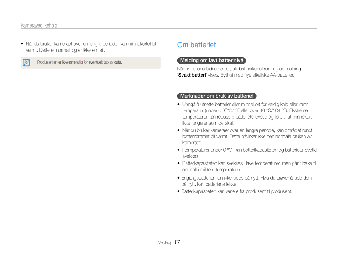 Samsung EC-ES9ZZZBAPE2, EC-ES9ZZZBASE2 manual Om batteriet, Melding om lavt batterinivå, Merknader om bruk av batteriet 