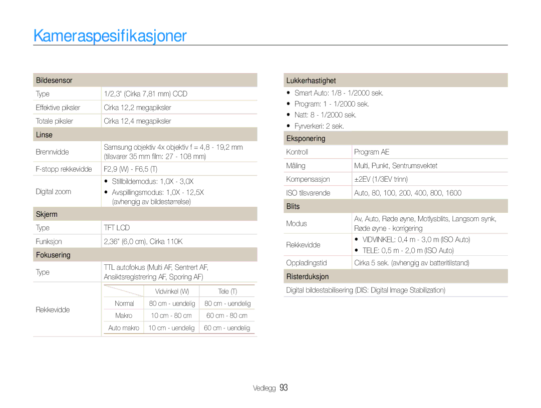 Samsung EC-ES9ZZZBABE2, EC-ES9ZZZBAPE2, EC-ES9ZZZBASE2, EC-ES9ZZZBARE2 manual Kameraspesifikasjoner 