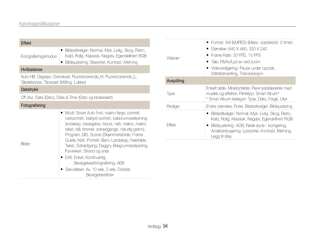 Samsung EC-ES9ZZZBARE2, EC-ES9ZZZBAPE2, EC-ES9ZZZBASE2, EC-ES9ZZZBABE2 manual Kameraspesifikasjoner 