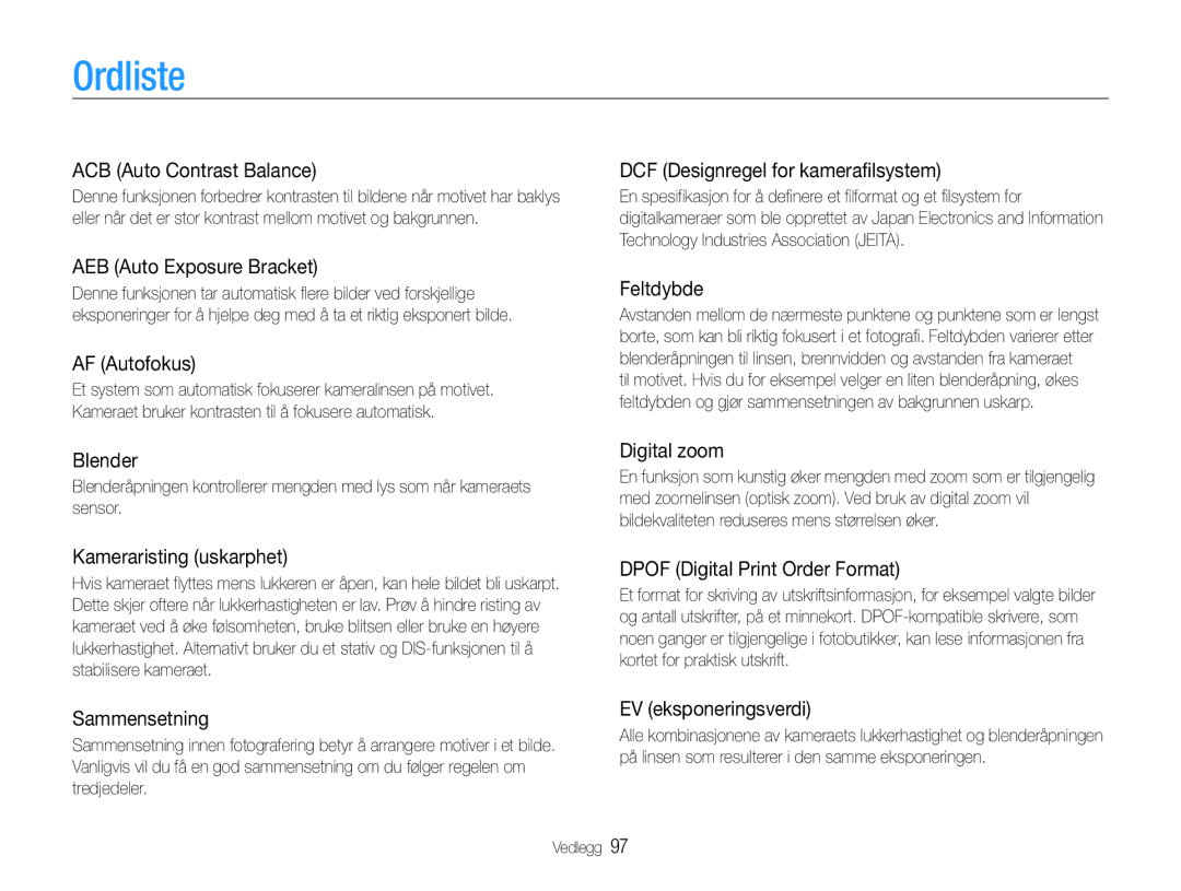 Samsung EC-ES9ZZZBABE2, EC-ES9ZZZBAPE2, EC-ES9ZZZBASE2, EC-ES9ZZZBARE2 manual Ordliste 