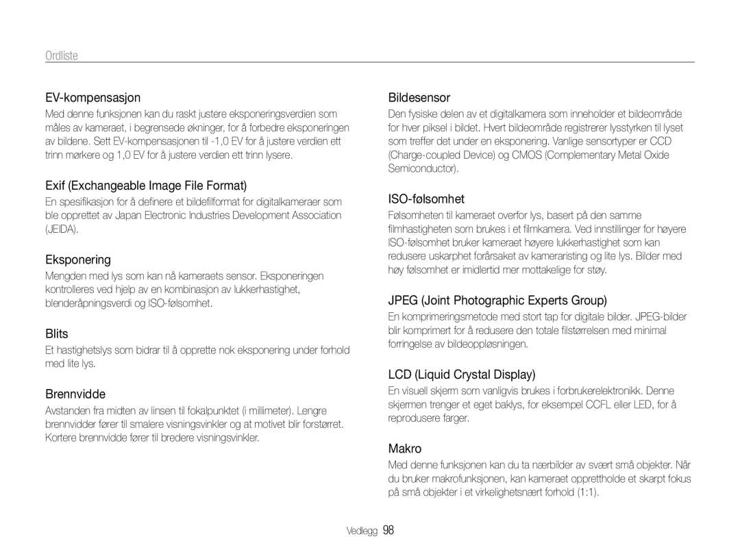 Samsung EC-ES9ZZZBARE2, EC-ES9ZZZBAPE2, EC-ES9ZZZBASE2, EC-ES9ZZZBABE2 manual Ordliste 