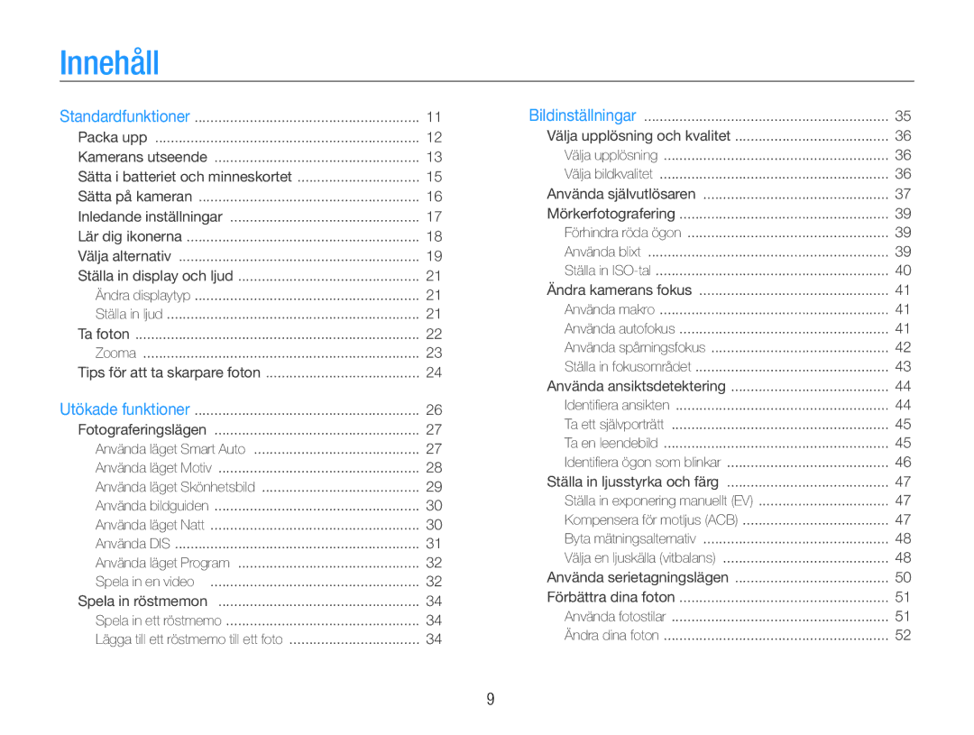 Samsung EC-ES9ZZZBABE2, EC-ES9ZZZBAPE2, EC-ES9ZZZBASE2, EC-ES9ZZZBARE2 manual Innehåll 