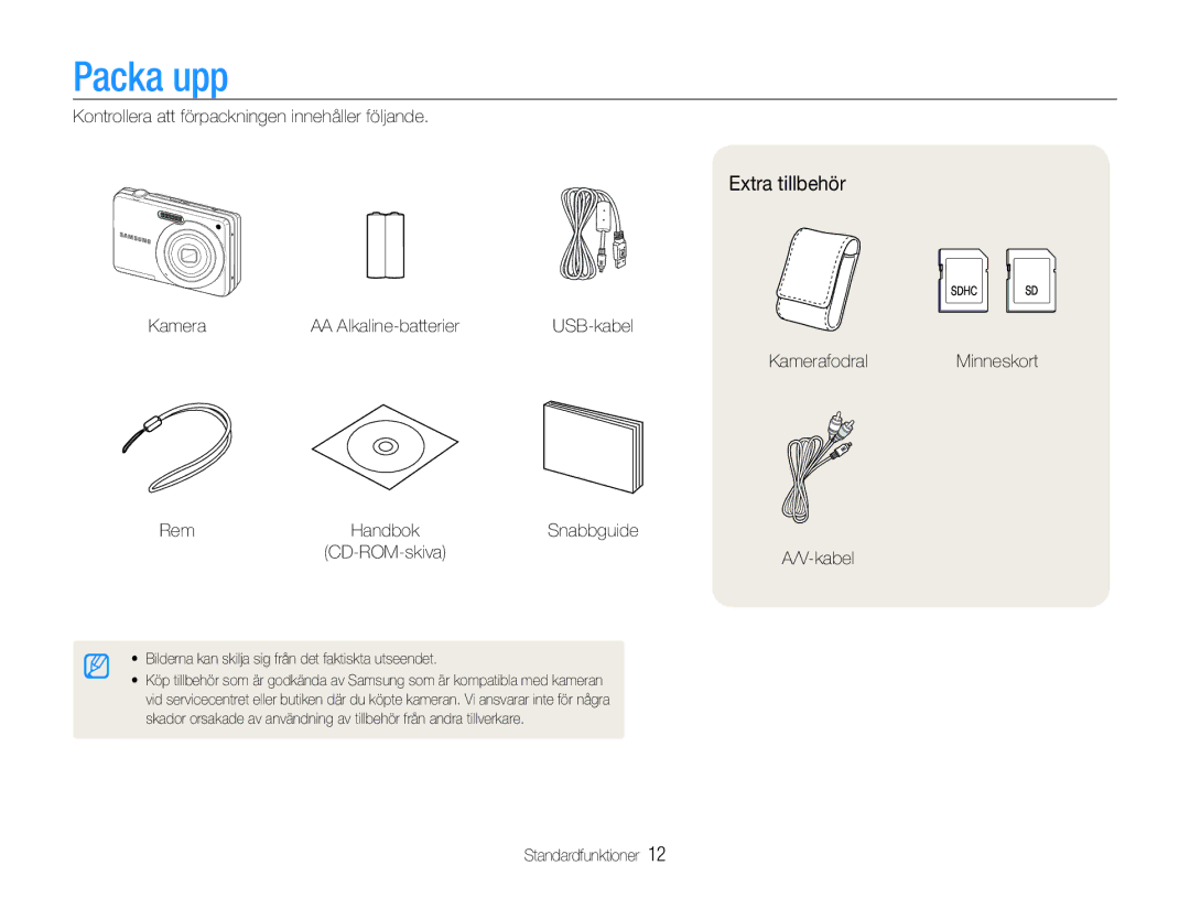 Samsung EC-ES9ZZZBASE2, EC-ES9ZZZBAPE2, EC-ES9ZZZBABE2, EC-ES9ZZZBARE2 manual Packa upp, Extra tillbehör 