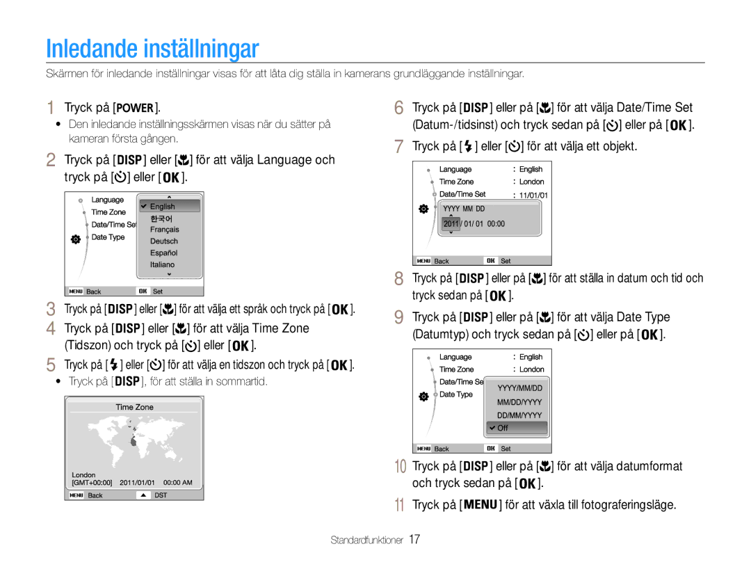 Samsung EC-ES9ZZZBABE2, EC-ES9ZZZBAPE2, EC-ES9ZZZBASE2, EC-ES9ZZZBARE2 manual Inledande inställningar 