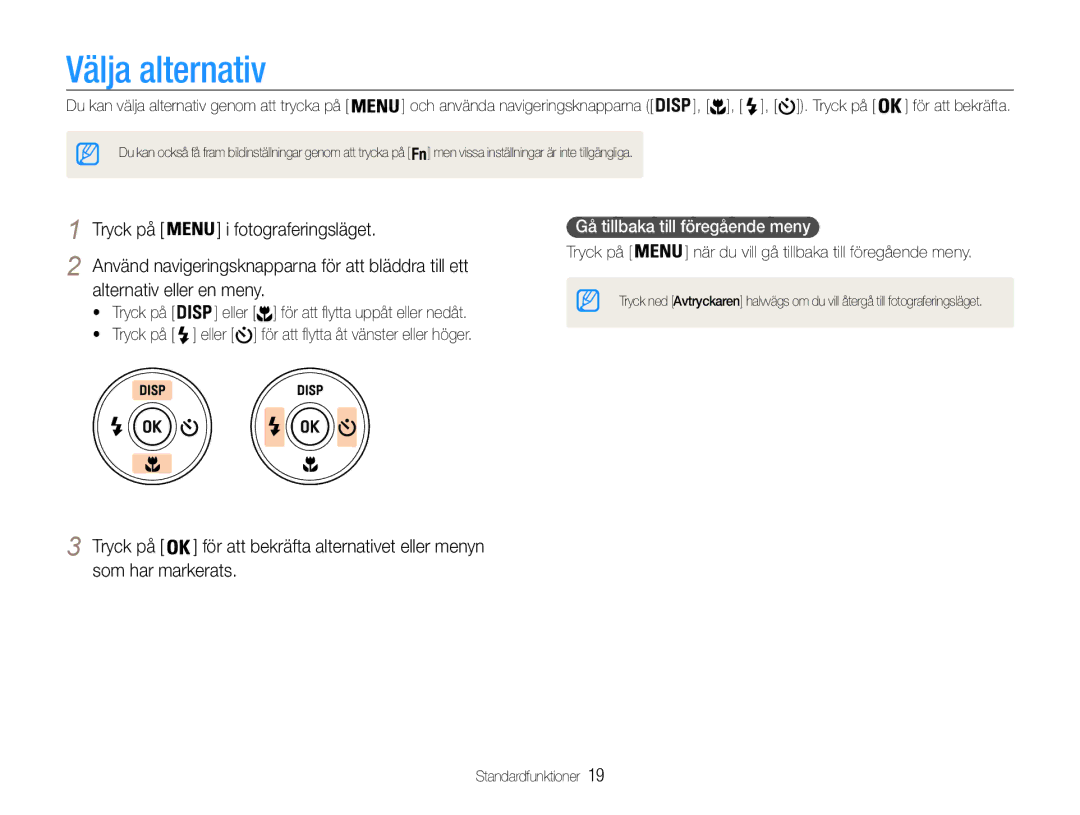 Samsung EC-ES9ZZZBAPE2, EC-ES9ZZZBASE2 manual Välja alternativ, Tryck på Fotograferingsläget, Alternativ eller en meny 