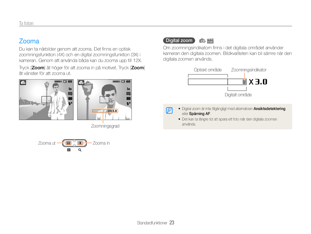 Samsung EC-ES9ZZZBAPE2, EC-ES9ZZZBASE2, EC-ES9ZZZBABE2 manual Ta foton, Digital zoom, Zooma ut Zooma, Digitalt område 