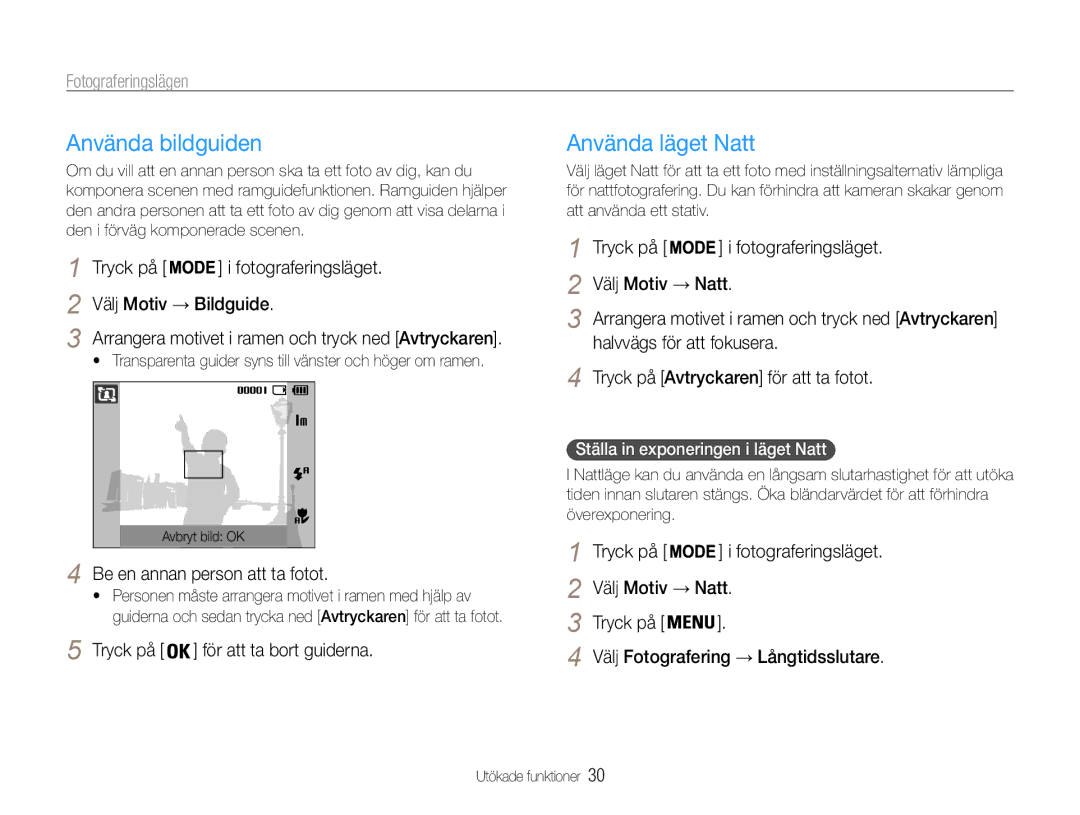 Samsung EC-ES9ZZZBARE2, EC-ES9ZZZBAPE2, EC-ES9ZZZBASE2, EC-ES9ZZZBABE2 manual Använda bildguiden, Använda läget Natt 