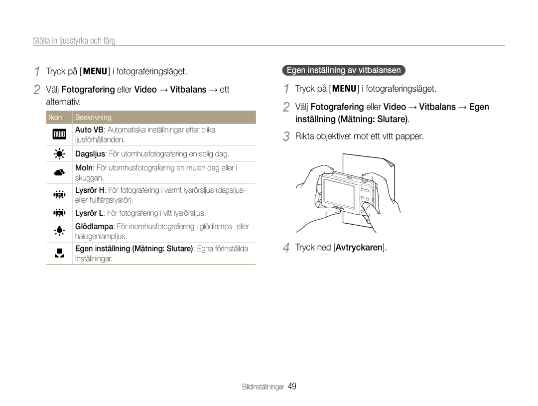 Samsung EC-ES9ZZZBABE2 manual Inställning Mätning Slutare, Rikta objektivet mot ett vitt papper Tryck ned Avtryckaren 