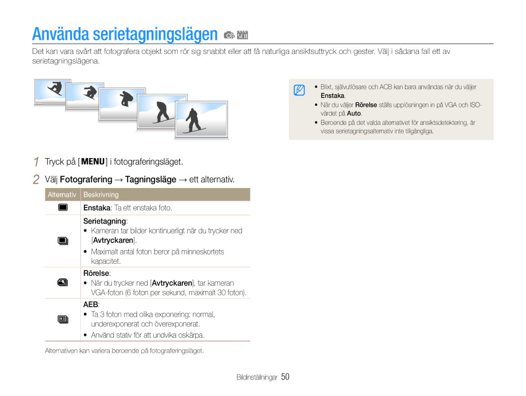 Samsung EC-ES9ZZZBARE2, EC-ES9ZZZBAPE2 manual Använda serietagningslägen, Välj Fotografering → Tagningsläge → ett alternativ 