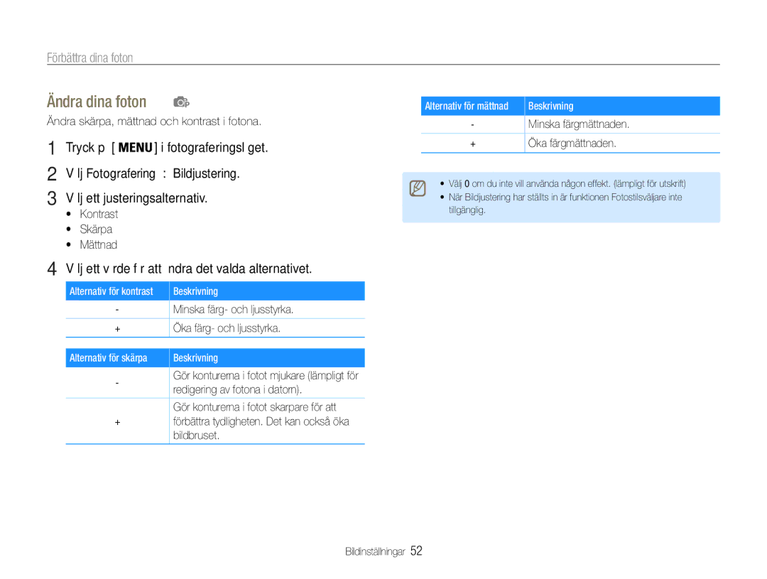 Samsung EC-ES9ZZZBASE2 manual Ändra dina foton, Förbättra dina foton, Välj ett värde för att ändra det valda alternativet 