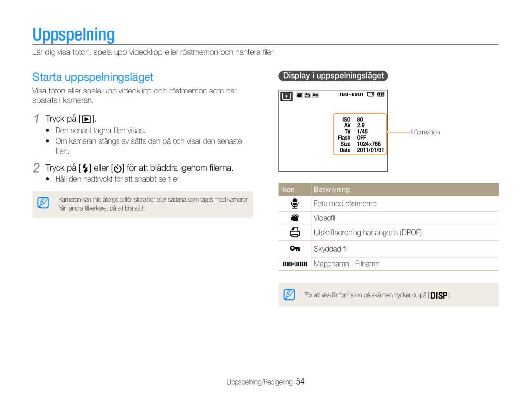 Samsung EC-ES9ZZZBARE2 manual Uppspelning, Starta uppspelningsläget, Tryck på eller för att bläddra igenom filerna 