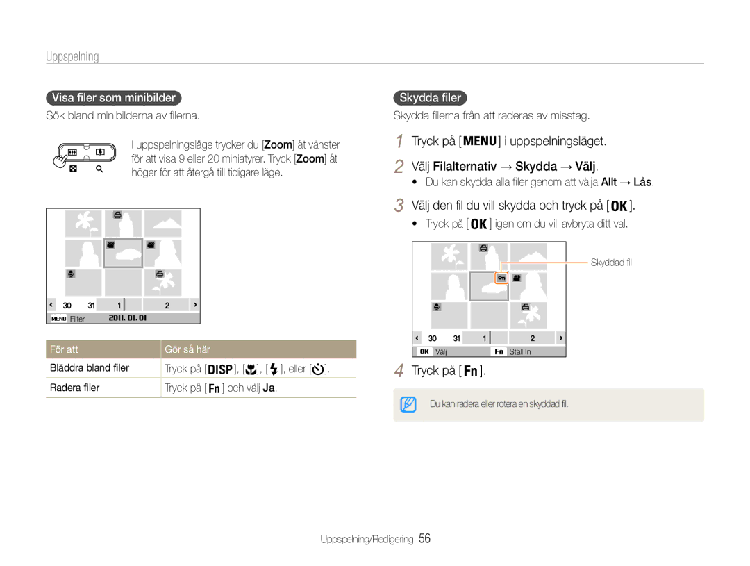 Samsung EC-ES9ZZZBASE2 manual Visa filer som minibilder, Skydda filer, Du kan skydda alla filer genom att välja Allt → Lås 