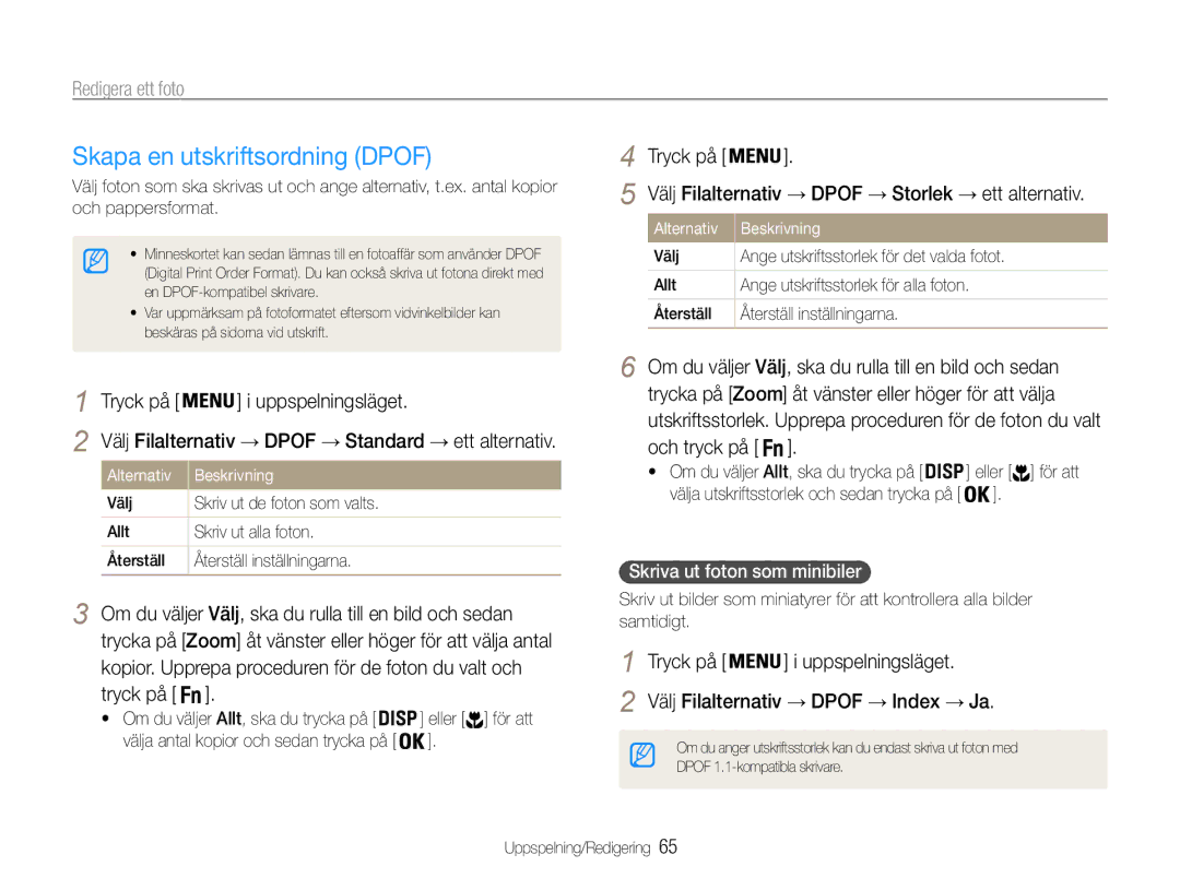 Samsung EC-ES9ZZZBABE2, EC-ES9ZZZBAPE2 manual Skapa en utskriftsordning Dpof, Tryck på, Skriva ut foton som minibiler 