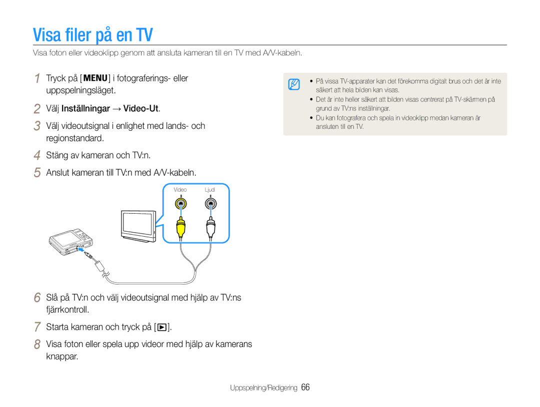 Samsung EC-ES9ZZZBARE2, EC-ES9ZZZBAPE2 Visa filer på en TV, Tryck på Fotograferings- eller, Välj Inställningar → Video-Ut 