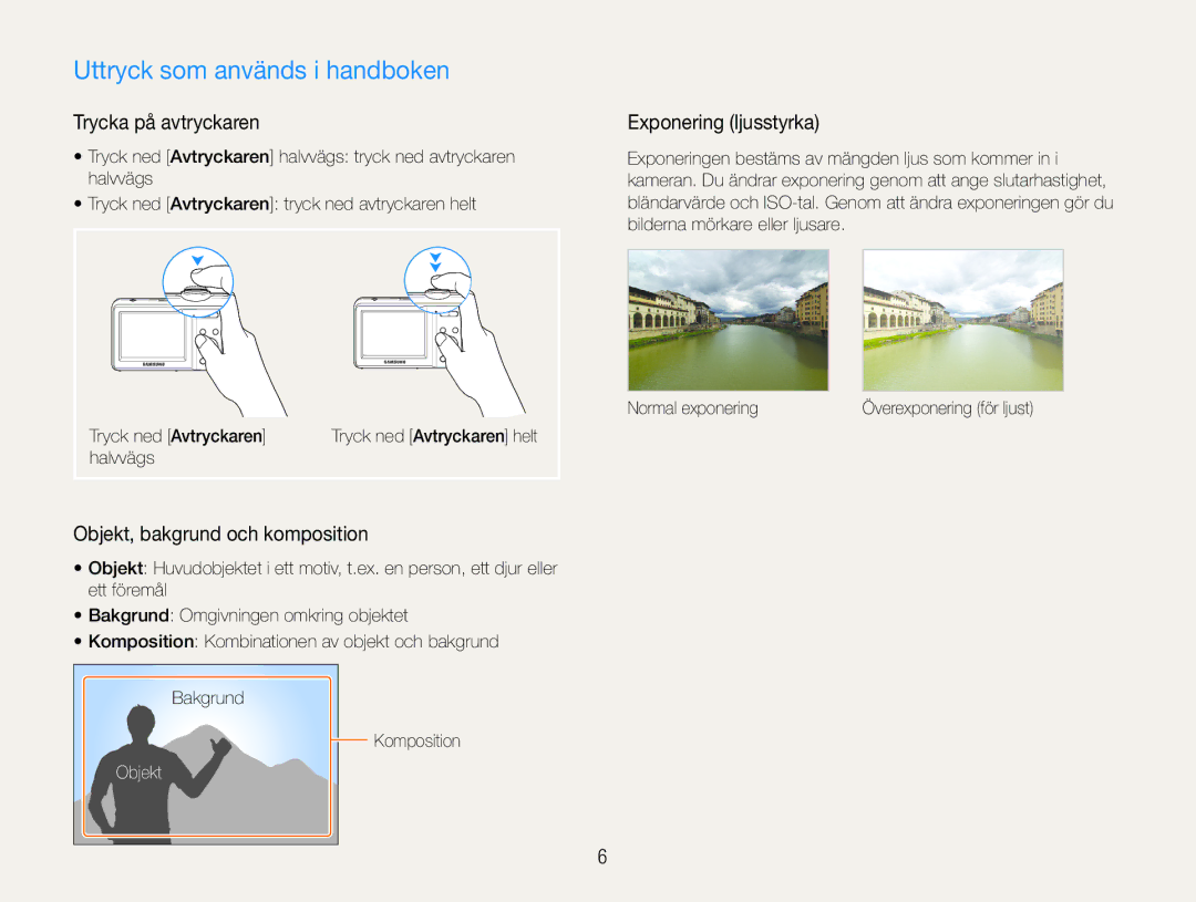 Samsung EC-ES9ZZZBARE2 manual Uttryck som används i handboken, Trycka på avtryckaren, Exponering ljusstyrka, Objekt 