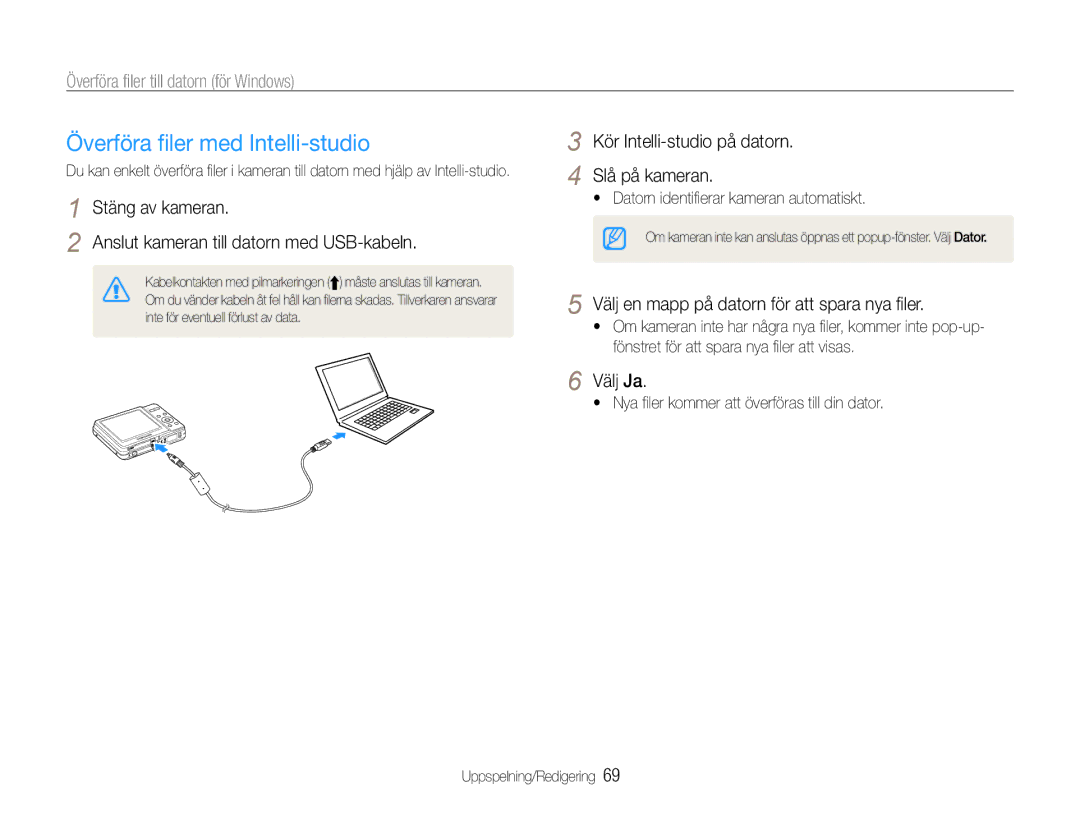 Samsung EC-ES9ZZZBABE2 Överföra filer med Intelli-studio, Stäng av kameran, Anslut kameran till datorn med USB-kabeln 