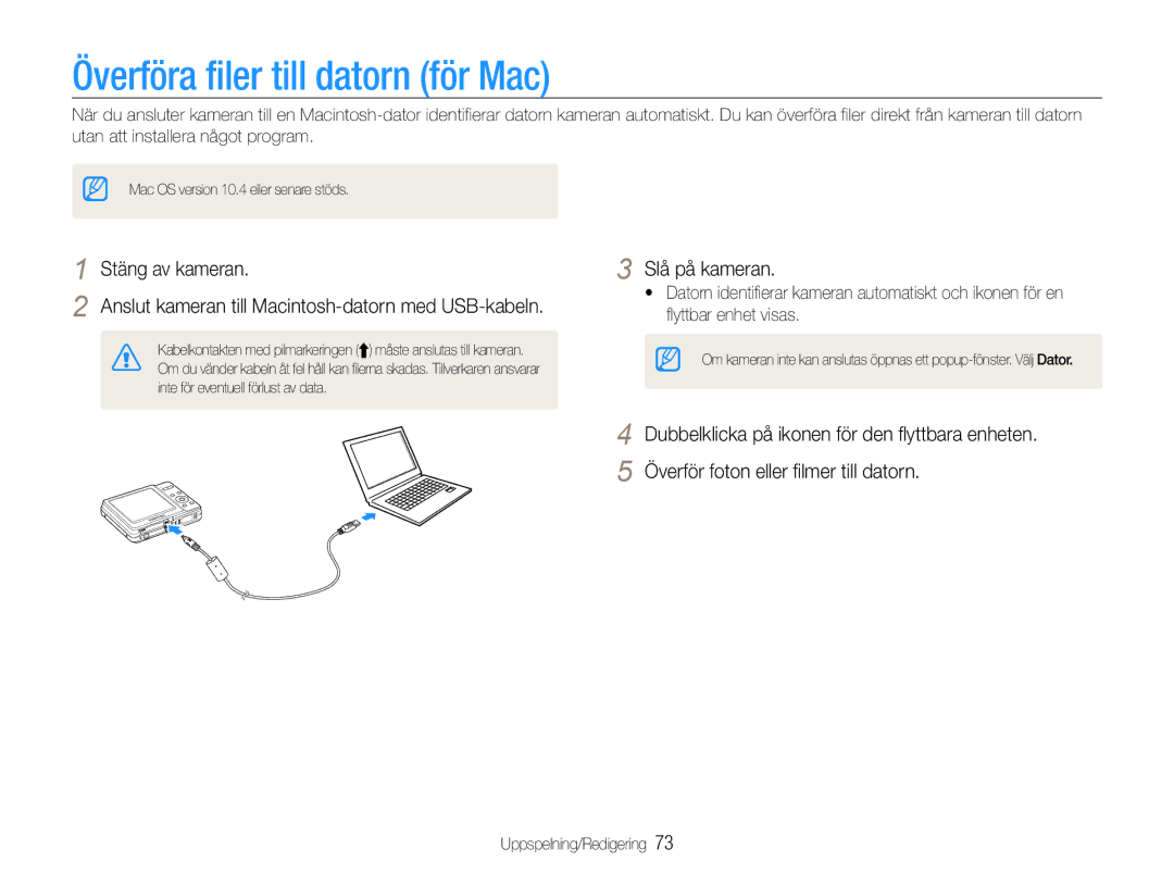 Samsung EC-ES9ZZZBABE2 manual Överföra filer till datorn för Mac, Anslut kameran till Macintosh-datorn med USB-kabeln 