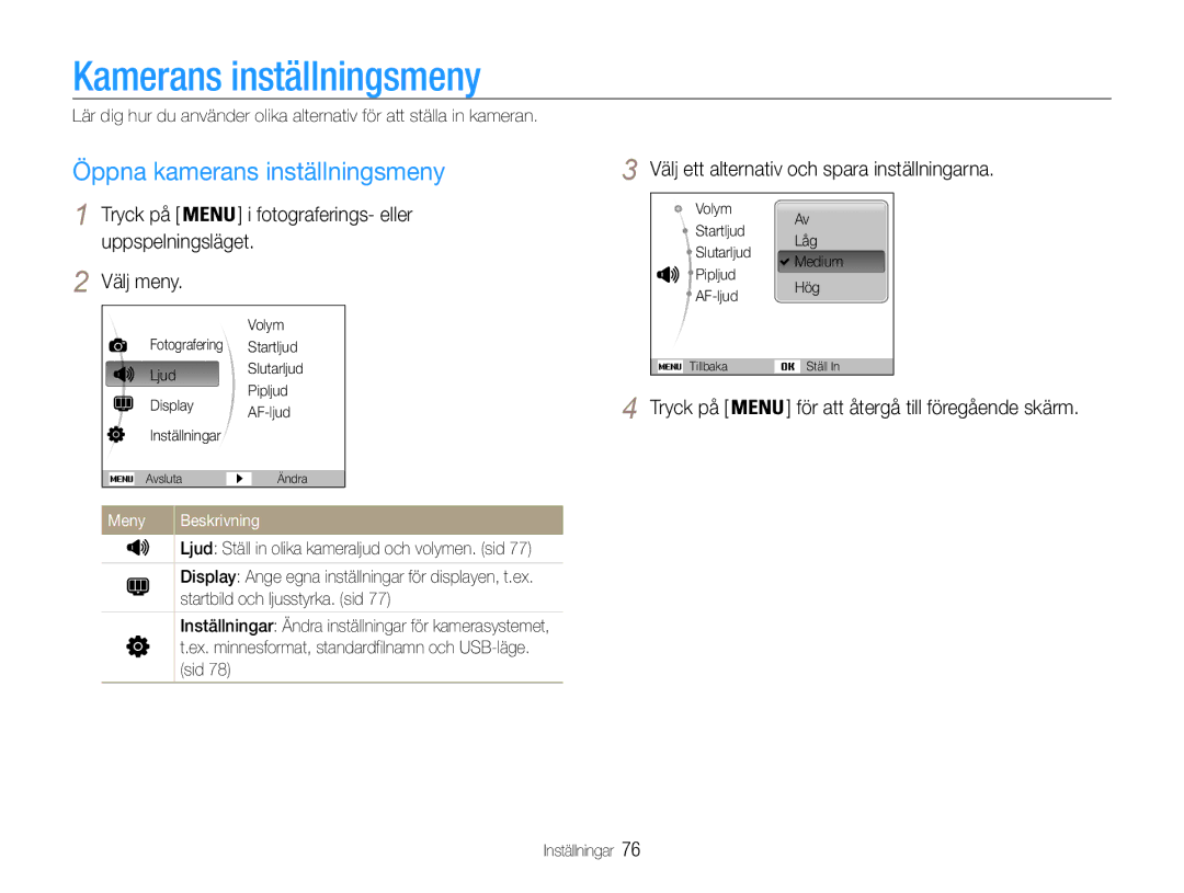 Samsung EC-ES9ZZZBASE2 manual Kamerans inställningsmeny, Öppna kamerans inställningsmeny, Välj meny, Meny Beskrivning 