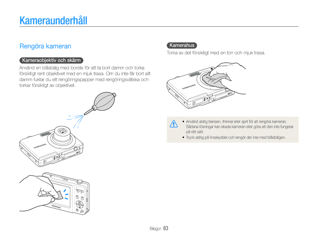 Samsung EC-ES9ZZZBAPE2, EC-ES9ZZZBASE2 manual Kameraunderhåll, Rengöra kameran, Kameraobjektiv och skärm, Kamerahus 