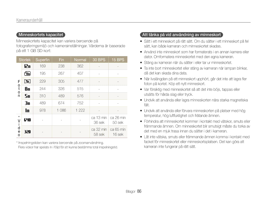 Samsung EC-ES9ZZZBARE2, EC-ES9ZZZBAPE2 Minneskortets kapacitet, Att tänka på vid användning av minneskort, 169 238 362 